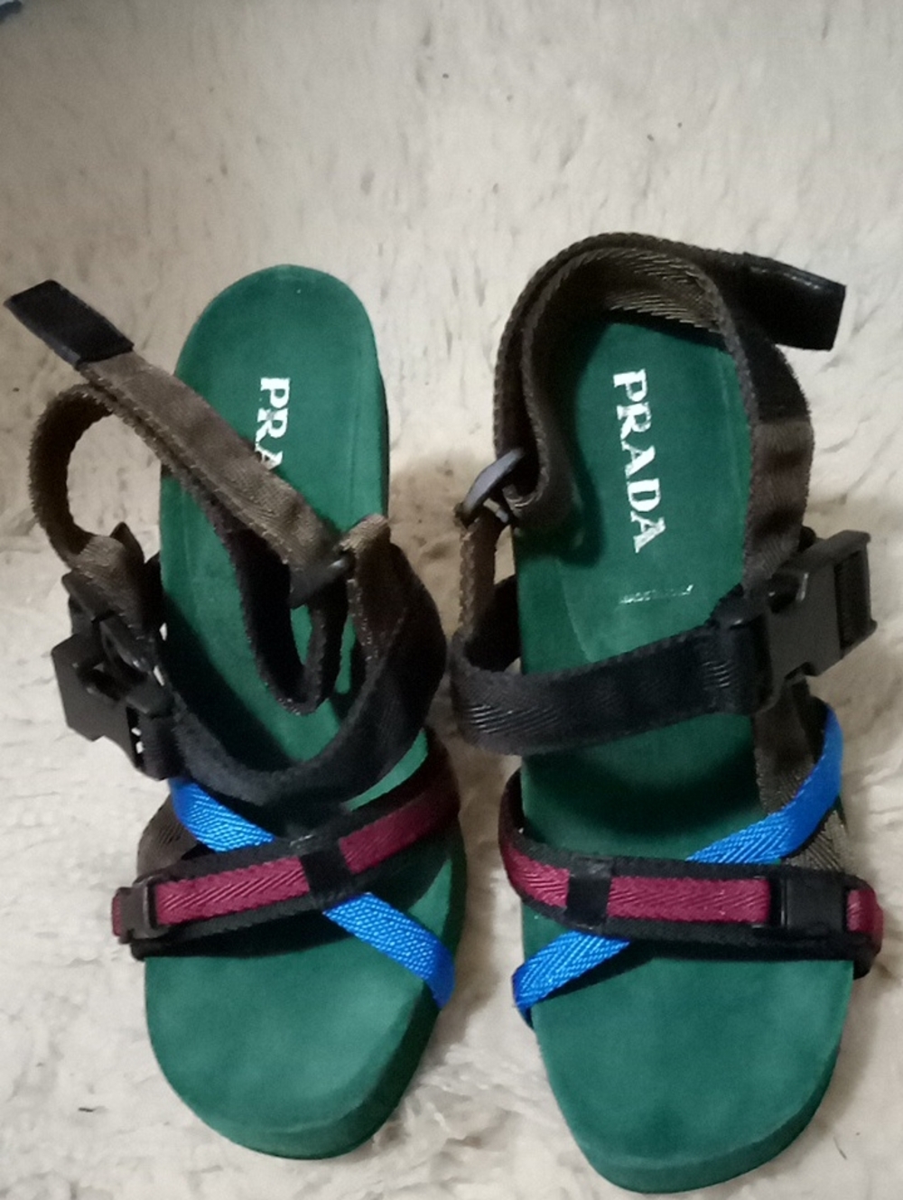 Prada green suede sandals with blue and burgundy straps